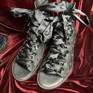 Free People black leather booties With satin lace-up ribbons Sz 40 US 10